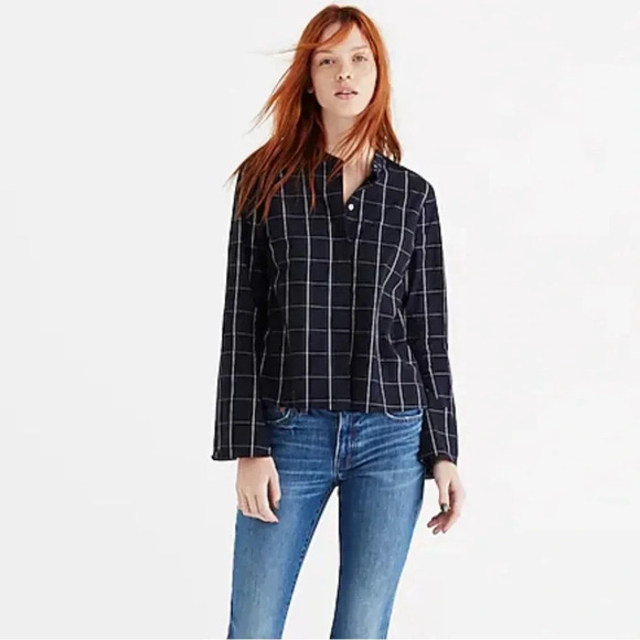 Madewell Bell-Sleeved Buttondown Shirt in Windowpane Navy Women’s XXS - Picture 1 of 8